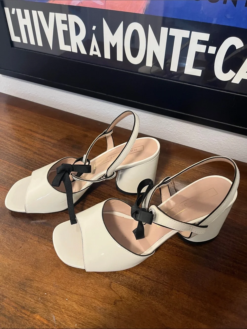 Marc Jacobs Cream Patent Slingback Sandals with Black Ribbon Bow
